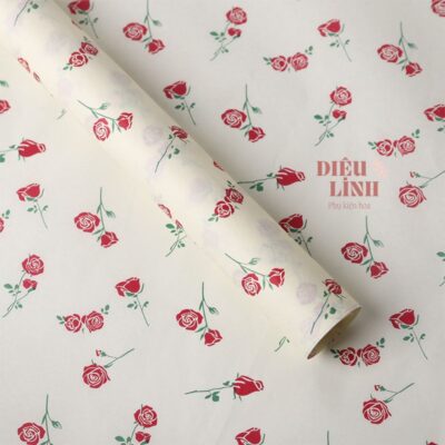 Giấy nhăn họa tiết hoa nhí kem hoa đỏ