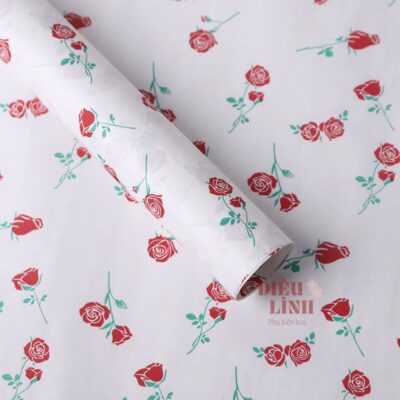 Giấy nhăn họa tiết hoa nhí trắng hoa đỏ