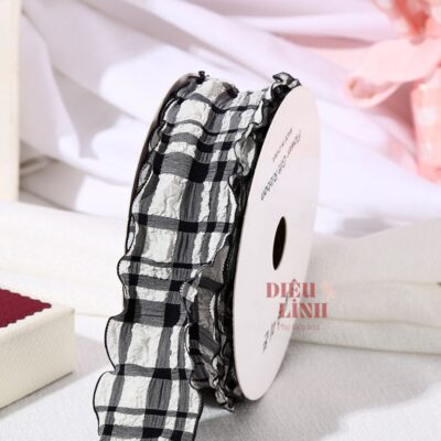 Ruy băng bèo nhún chất xốp họa tiết caro bản 4cm màu đen