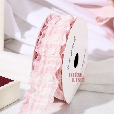 Ruy băng bèo nhún chất xốp họa tiết caro bản 4cm màu hồng