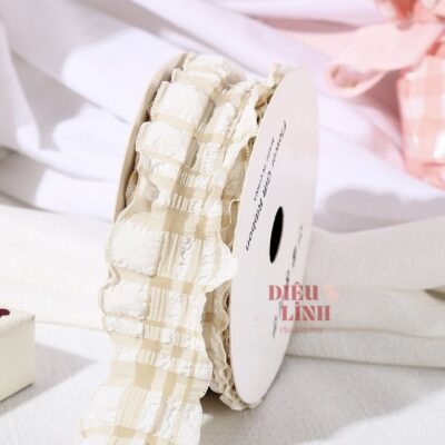 Ruy băng bèo nhún chất xốp họa tiết caro bản 4cm màu nâu