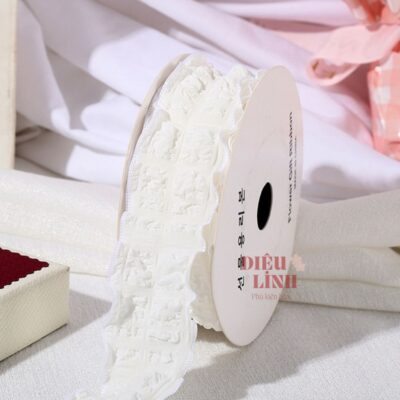 Ruy băng bèo nhún chất xốp họa tiết caro bản 4cm màu trắng