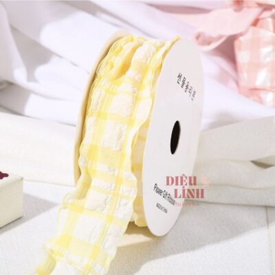 Ruy băng bèo nhún chất xốp họa tiết caro bản 4cm màu vàng