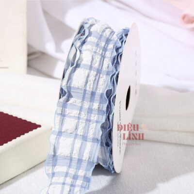 Ruy băng bèo nhún chất xốp họa tiết caro bản 4cm màu xanh dương