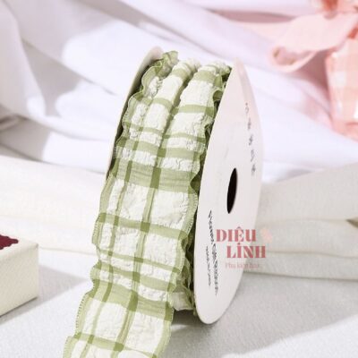 Ruy băng bèo nhún chất xốp họa tiết caro bản 4cm màu xanh lá cây