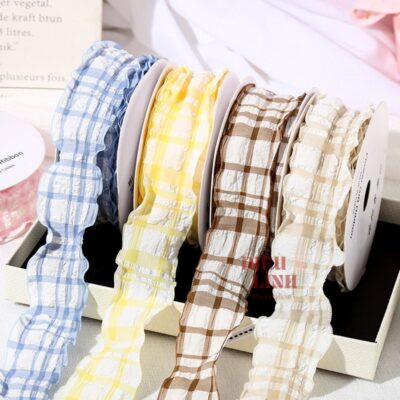 Ruy băng bèo nhún chất xốp họa tiết caro bản 4cm nhiều màu