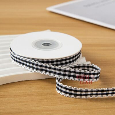 Ruy băng caro viền sóng bản 1cm màu đen