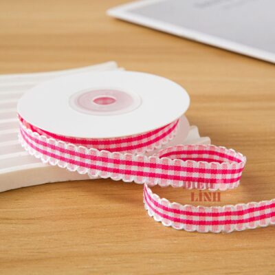 Ruy băng caro viền sóng bản 1cm màu hồng đậm
