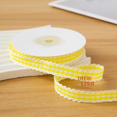 Ruy băng caro viền sóng bản 1cm màu vàng
